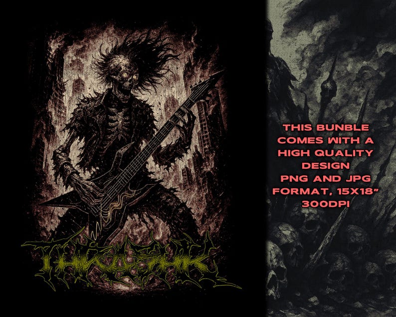 May include: A sepia-toned illustration of a skeletal figure playing an electric guitar. The figure is in a dynamic pose, with long, spiky hair and tattered clothing. The background features a cityscape and flames. The image includes text.