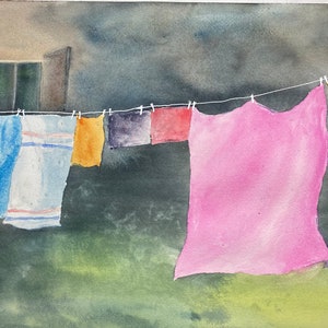 Original Watercolor -- Clothes on the Line