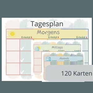 May include: A colorful daily planner with a watercolor background. The planner is divided into three sections: Morning, Afternoon, and Evening. Each section has a check box for each task. The planner also includes a section for 120 cards. The text "Tagesplan" is at the top of the planner.