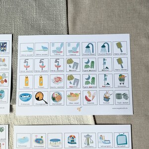 May include: A set of 36 illustrated cards featuring various daily activities, such as brushing teeth, getting dressed, eating, and playing. The cards are printed on white paper with a light blue border and feature colorful illustrations.