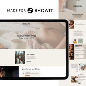 Puede incluir: Una captura de pantalla de un sitio web que muestra un fondo marrón claro con una superposición de texto blanco. El texto dice "Serene Earth" y "Encuentra la libertad alimentaria y la vitalidad corporal completa sin eliminar todos tus alimentos favoritos". El sitio web también presenta una foto de una mujer en un bosque y una sección titulada "Conoce a Arianna".