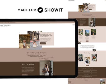May include: A website homepage with a brown and white color scheme. The text "Hey! I'm Ashley!" is displayed in a large font. The website features images of a woman in a white dress and a woman in a brown dress. The text "Right off the bat, hit them with your main service" is displayed in a box.