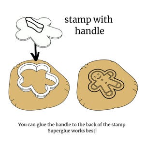 Puede incluir: Un sello de galleta de hombre de jengibre con mango, que se muestra en uso. El sello se presiona en la masa, creando una forma de hombre de jengibre. El texto dice: "stamp with handle" y "You can glue the handle to the back of the stamp. Superglue works best!"