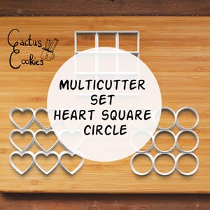 May include: A collection of white plastic cookie cutters in heart, square, and circle shapes. The image features a multi-cutter set with the text "MULTICUTTER SET HEART SQUARE CIRCLE" and the Cactus Cookies logo.