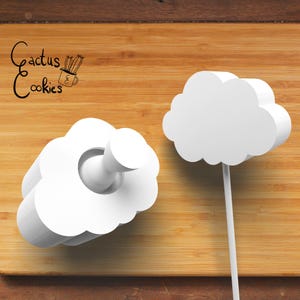 May include: Two white cloud-shaped cookie cutters on a wooden surface. One cutter has a handle, and the other is on a stick. The text "Cactus Cookies" is in the upper left corner.