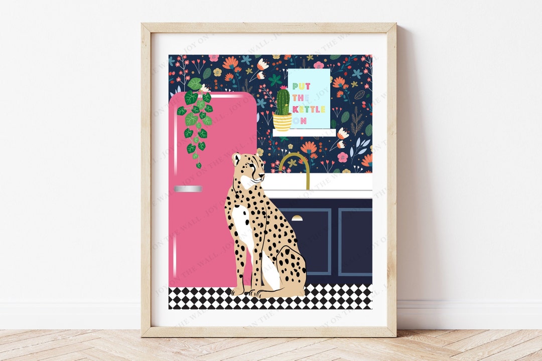 Cheetah in Kitchen Pink Digital Animal Print Kitchen Wall Art Kitchen Decor Botanical Kitchen