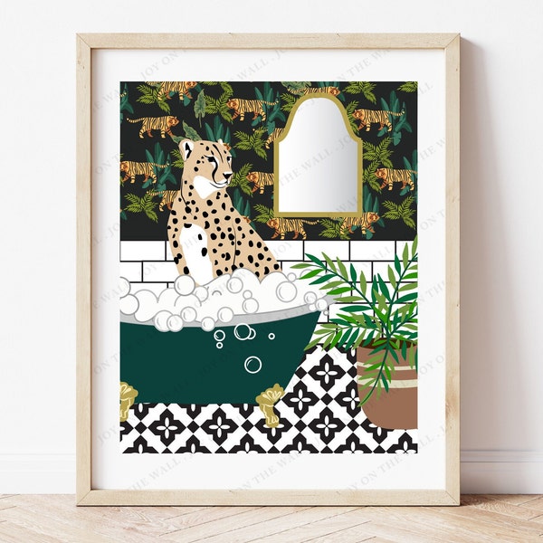Cheetah in Bathtub Printable Wall Art, Animal Print , Botanical Bathroom Art, Maximalist Digital Download, Gallery Wall, Cheetah Print