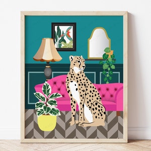 Salon Cheetah Sarcelle | Imprimé animalier | Art imprimable | Décor à la maison sarcelle | Décoration murale sarcelle | Impression de guépard | Mur de galerie éclectique