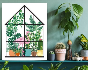 Flamingo in Green House | Boho Printable Wall Art | Animal Print | Botanical Print | Maximalist Digital Download | A5 A4 A3 A2