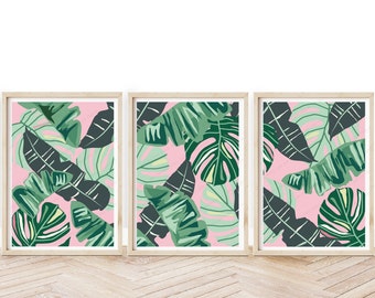 Set of 3 Wall Art Abstract Leaf Print | Set Of 3 Wall Art | Monstera Leaves | Botanical Print  | Tropical Plant Print | A5 A4 A3 A2