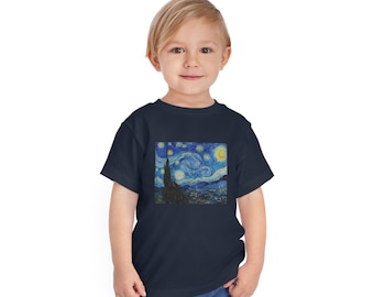 May include: A navy blue t-shirt with a print of Vincent van Gogh's "The Starry Night" painting.