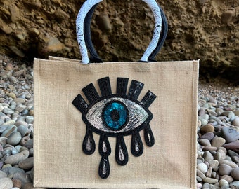 Evil Eye Bag•Evil Eye Bag•Tote Bag•Jute Bag•Birthday Gift•Christmas Gift•Protection•Hamsa Hand Evil Eye Burlap•straw bag