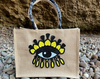 Evil Eye Tasche,Evil Eye Bag,Einkaufstasche,Jutetasche,Geburtstagsgeschenk,Weihnachtsgeschenk,Schutz,Hamsa Hand Evil Eye Burlap,Strohtasche