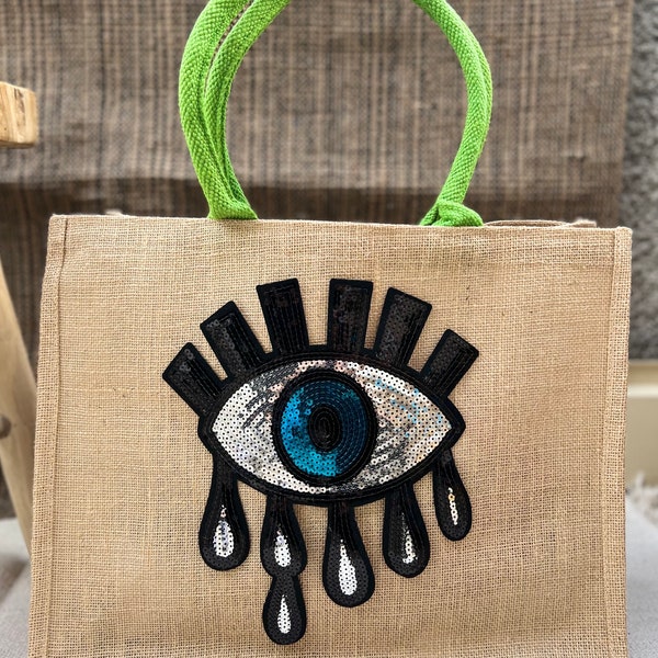 Sac Mauvais œil•Sac evil eye•sac cabas•sac jute•Cadeau d’anniversaire•cadeau maman protection•Hamsa Hand Evil Eye•straw bag•fatma hand•