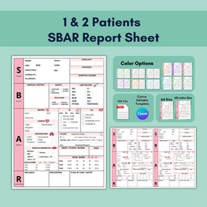 以下が含まれることがあります： 1〜2人の患者向けのピンクと白のSBARレポートシートテンプレート。病歴、安全性、検査値、バイタルサインのセクションが含まれています。カラーオプション、PDFファイル、Canva編集可能テンプレートを備えています。