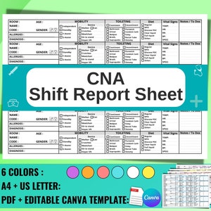 CNA Shift Report Sheet | Certified Nursing Assistant Brain Sheet for 6 Patients | Patient Care Tech | CNA Shift Planner
