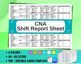 CNA Shift Report Sheet | Certified Nursing Assistant Brain Sheet for 6 Patients | Patient Care Tech | CNA Shift Planner