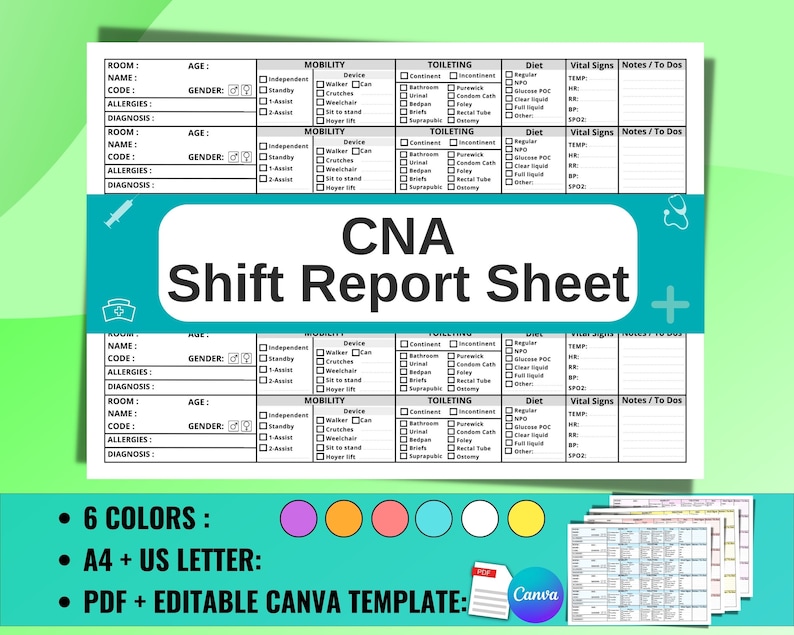 CNA Shift Report Sheet | Certified Nursing Assistant Brain Sheet for 6 ...