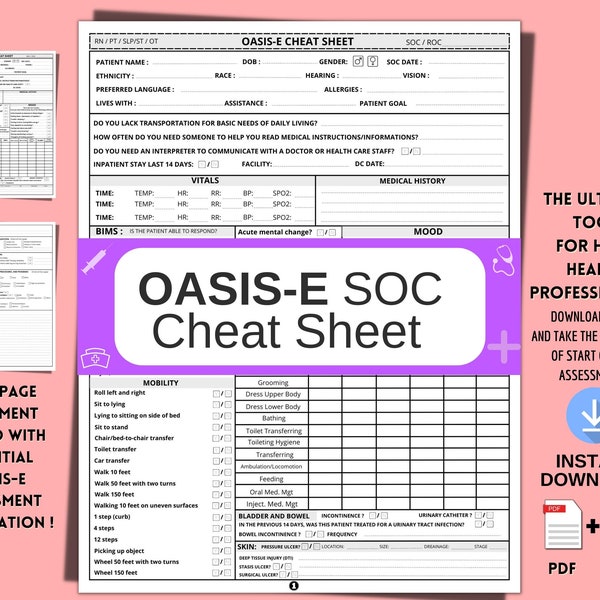 Aide-mémoire OASIS-E, modèle de début des soins, infirmière de soins à domicile OASIS, aide-mémoire pour la visite d'une infirmière, SOC