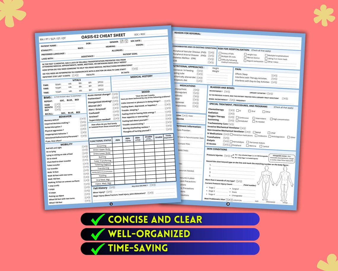 OASIS E Cheat Sheet | Home Health Nurse Start of Care SOC Templates - Etsy