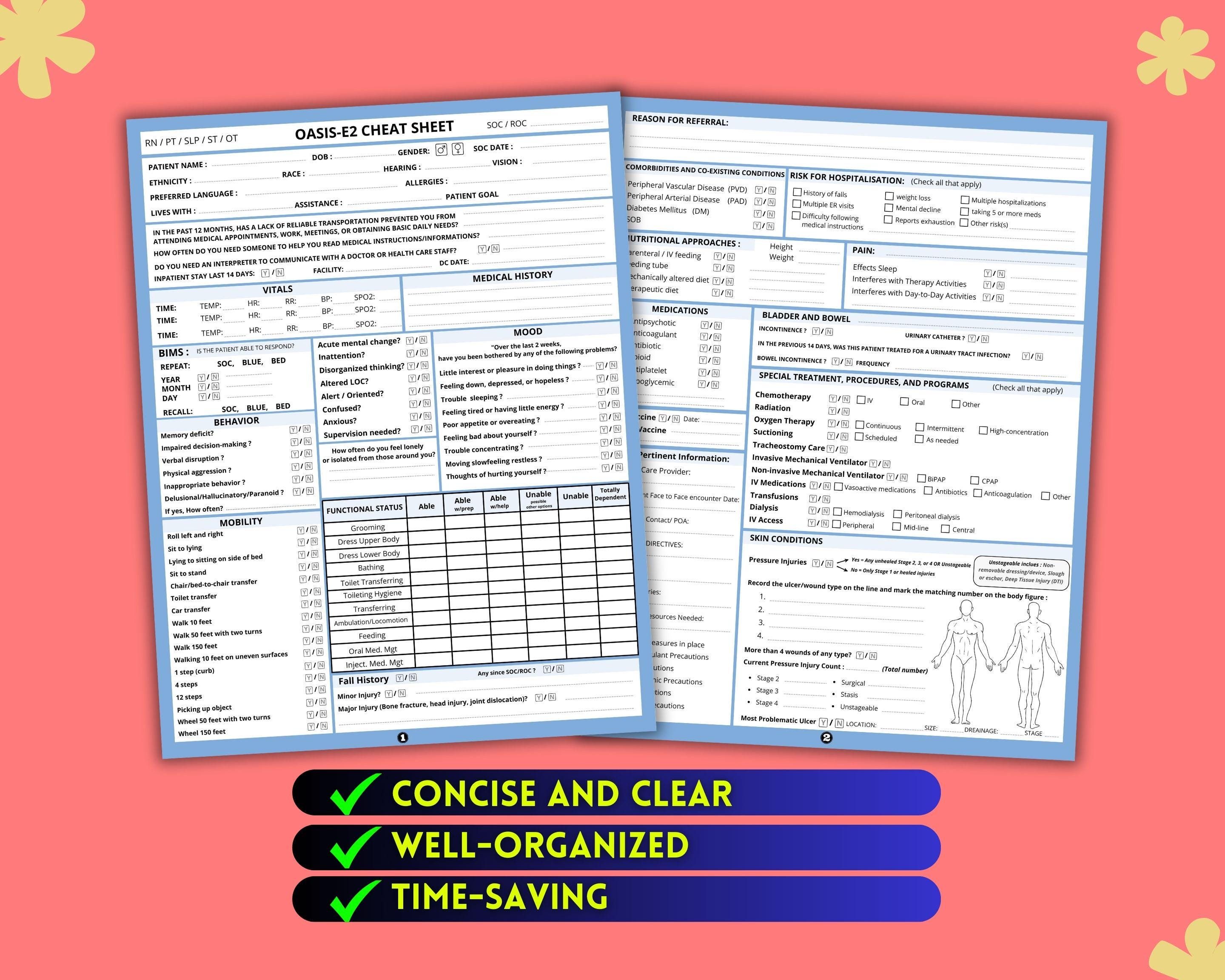 OASIS E Cheat Sheet | Home Health Nurse Start of Care SOC Templates - Etsy