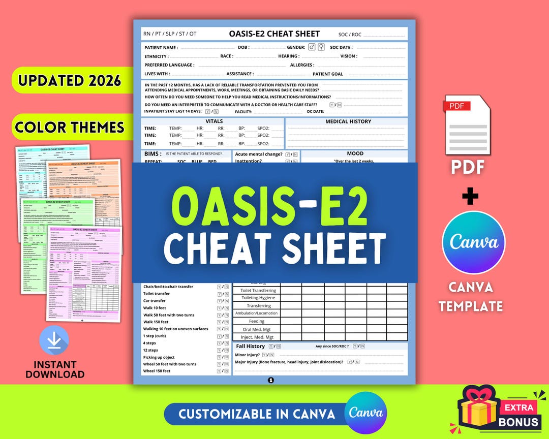 OASIS E Cheat Sheet | Home Health Nurse Start of Care SOC Templates - Etsy