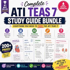 May include: A Complete ATI TEAS 7 Study Guide Bundle featuring 200+ pages of high-yield content. The graphic includes sections for Science, Math, Reading, English, and Practice Questions, with diagrams of the heart and kidneys, plus icons.