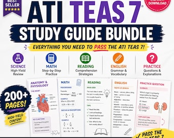 Complete ATI TEAS 7 studiegidsbundel 2026 | Meer dan 200 pagina's | Wetenschap, wiskunde, lezen, Engels, ATI-basisprincipes, uitgebreid begeleid examen