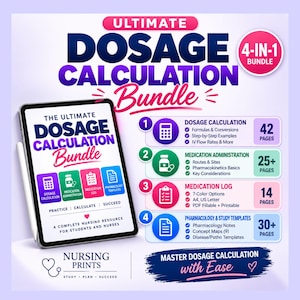 Pode incluir: Um pacote de recursos digitais de enfermagem 4 em 1 intitulado Ultimate Dosage Calculation Bundle. Inclui um tablet exibindo quatro módulos: Dosage Calculation, Medication Administration, Medication Log e Pharmacology & Study Templates.