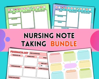 May include: A nursing note taking bundle featuring four distinct templates with pastel color schemes. The sheets include sections for disease, pathophysiology, signs and symptoms, pharmacology, and mind mapping. The text NURSING NOTE TAKING BUNDLE is centered.