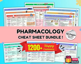 Pharmacology Cheat Sheet Bundle, Nursing Notes Study Guide | 120+ Drug Classes | Cardiac, Psych, Immune, Endocrine Medications, & MUCH MORE