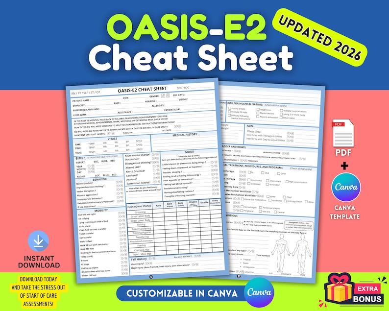 May include: The OASIS-E2 Cheat Sheet is a two-page medical assessment document featuring sections for patient vitals, medical history, mood, behaviour, mobility, and functional status. It includes checkboxes for data entry and a human body diagram.