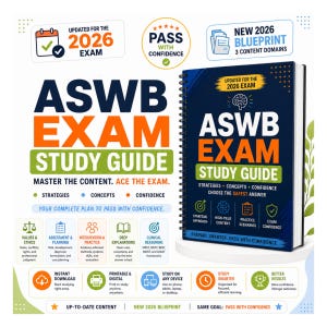 May include: A spiral-bound ASWB Exam Study Guide for the 2026 exam. The dark blue cover features white and orange text, a brain icon, and sections for strategies, concepts, and confidence. The guide includes content on values, ethics, and clinical reasoning.