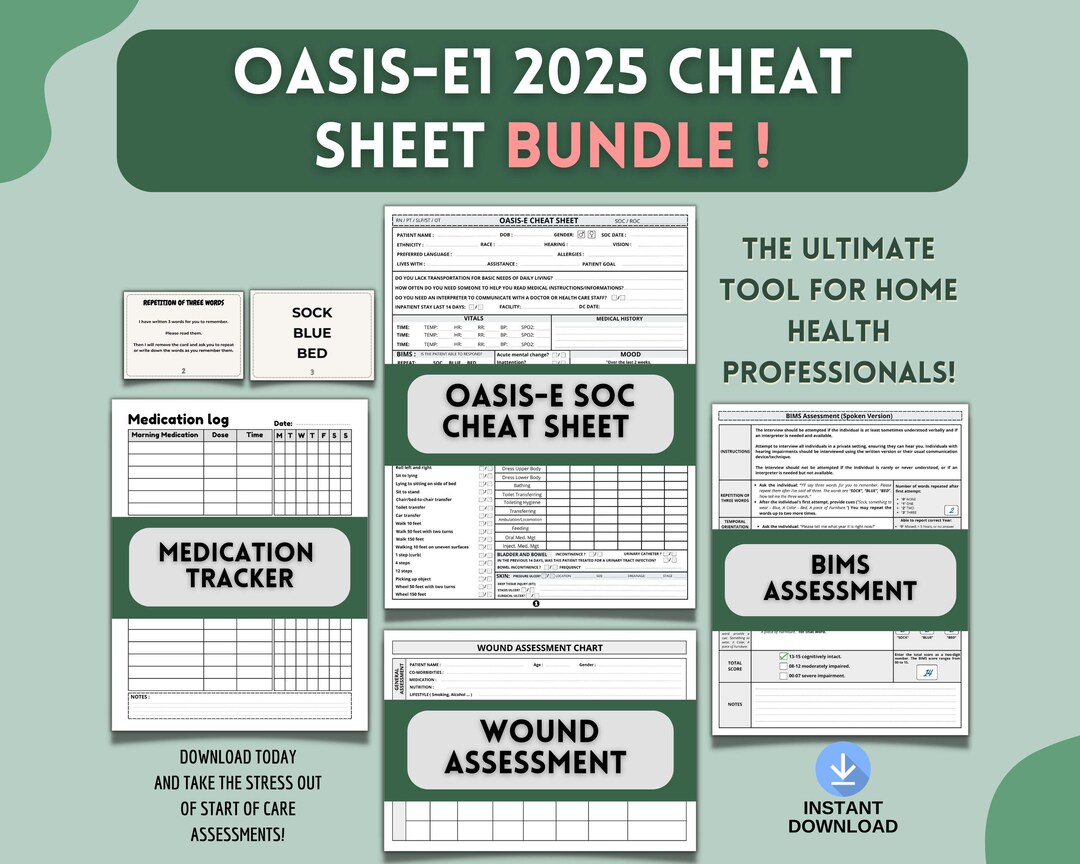 OASIS-E Cheat Sheet Bundle: Home Health Nurse Start of Care Templates ...