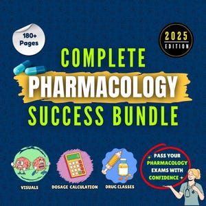 Op de afbeelding: Een marineblauwe afbeelding met de tekst "COMPLETE PHARMACOLOGY SUCCESS BUNDLE" in wit en groen. De afbeelding bevat pictogrammen voor visuals, doseringsberekening en geneesmiddelklassen, plus de tekst "PASS YOUR PHARMACOLOGY EXAMS WITH CONFIDENCE +."