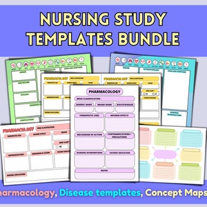Paquete de plantillas de estudio de enfermería digital, mapas conceptuales, plantillas de enfermedades, farmacología, fisiopatología, MedSurg, tarjeta de medicamentos
