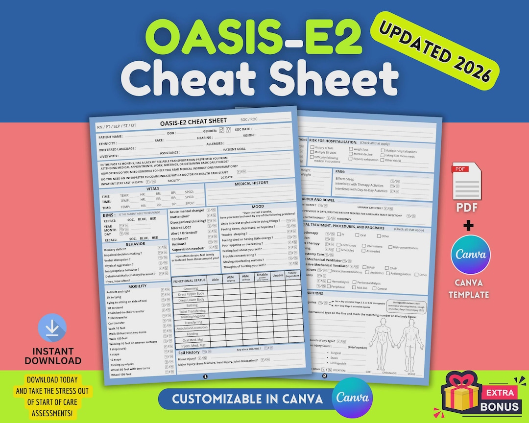 OASIS E Cheat Sheet | Home Health Nurse Start of Care SOC Templates - Etsy