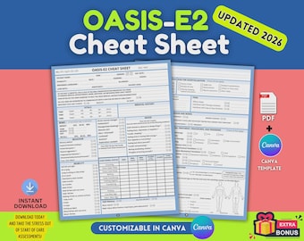 Peut inclure: Une fiche aide-mémoire OASIS-E2 de deux pages avec des bordures bleues et des fonds blancs. Les formulaires contiennent des sections pour les informations patient, les signes vitaux, les antécédents médicaux, l'humeur, le comportement, la mobilité et le statut fonctionnel, avec des cases à cocher et des tableaux.