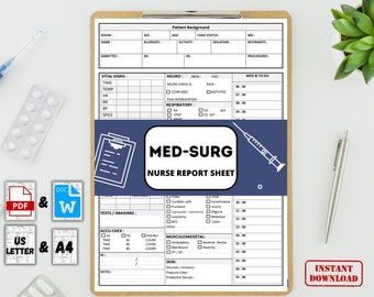 MedSurg Nurse Report Sheet: Nursing Brain Report A4 & US Letter (PDF, Word)
