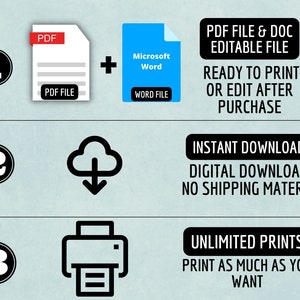 May include: An image with the number 1 in a black circle, a PDF file icon, and a Microsoft Word file icon. Text reads "PDF FILE & DOC EDITABLE FILE" and "READY TO PRINT OR EDIT AFTER PURCHASE".