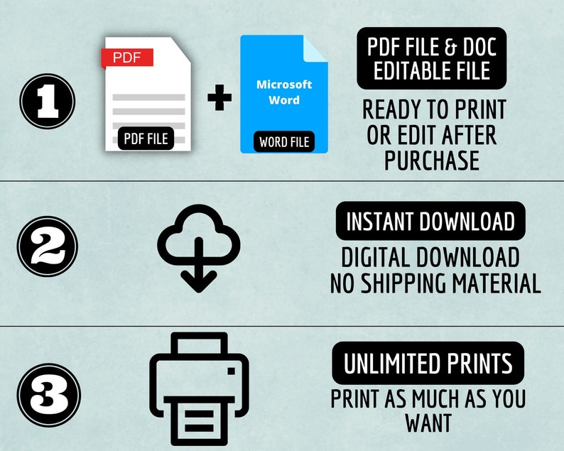 May include: An image with the number 1 in a black circle, a PDF file icon, and a Microsoft Word file icon. Text reads "PDF FILE & DOC EDITABLE FILE" and "READY TO PRINT OR EDIT AFTER PURCHASE".