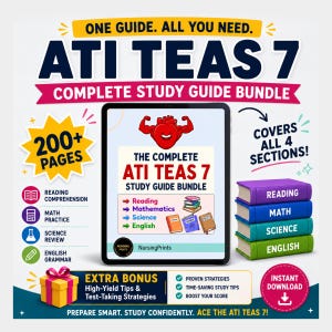 May include: A digital study guide bundle for the ATI TEAS 7 exam, featuring a tablet displaying the title, a stack of four colored books labeled Reading, Math, Science, and English, and text highlighting 200+ pages and four sections.