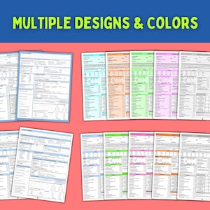 May include: A collection of printable medical cheat sheets and assessment forms featuring the text MULTIPLE DESIGNS & COLOURS. The documents include various sections for patient information, clinical notes, and body diagrams in blue, pink, green, and orange.