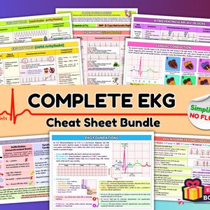 May include: A bundle of EKG cheat sheets with detailed information on cardiac rhythms, conduction, and interpretation. The sheets feature diagrams, charts, and the text "COMPLETE EKG Cheat Sheet Bundle" and "Simplified NO FLUFF".