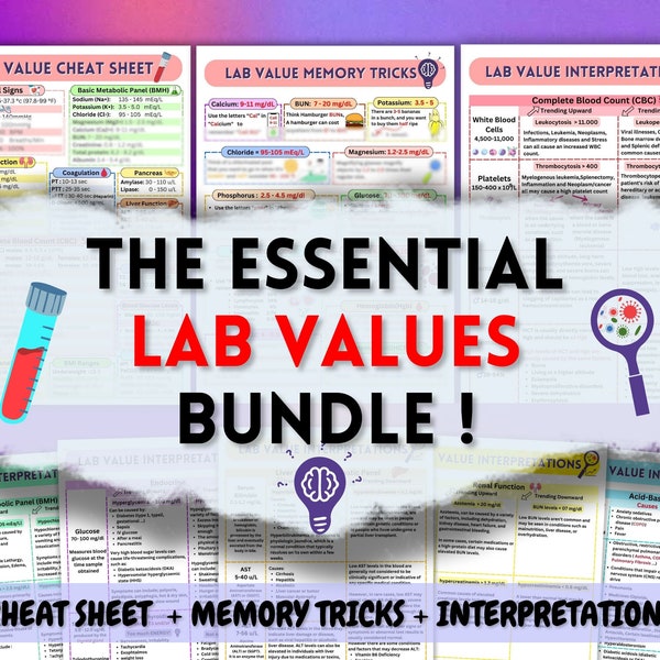 Essential Nursing Lab Values Bundle: Cheatsheet, Memory Tricks, Interpretation Guide for Nursing Students and Healthcare Professional NCLEX