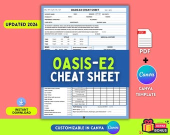 May include: A light blue OASIS-E2 cheat sheet document template with white text fields for patient data, vitals, and medical history. The document features a bold blue banner with the text OASIS-E2 CHEAT SHEET and includes a PDF and Canva icon.