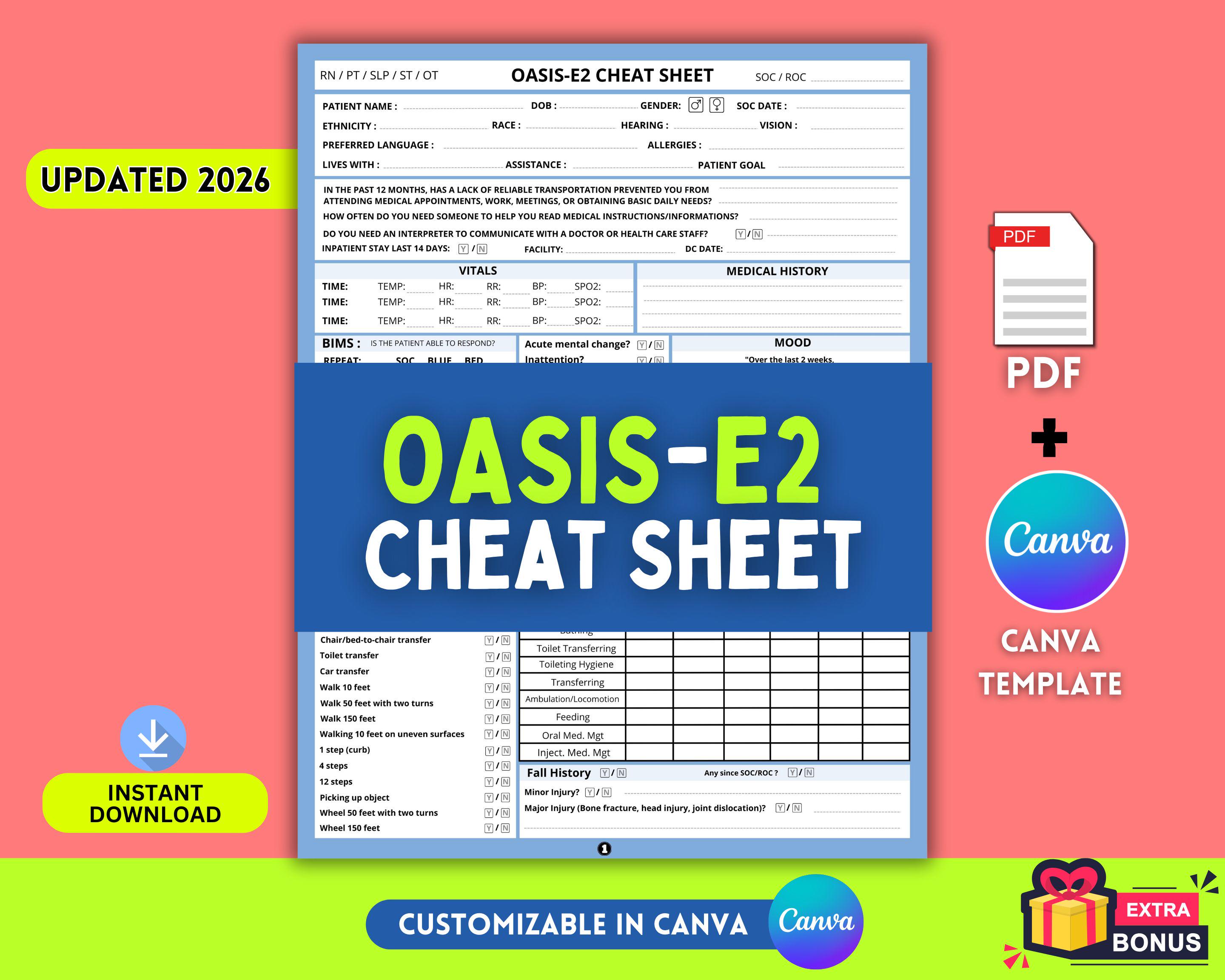 OASIS-E2 Cheat Sheet (2026), Start of Care Template, Home Health Nurse ...