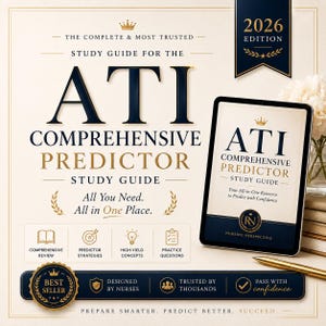 May include: A 2026 edition ATI Comprehensive Predictor study guide displayed on a tablet screen, featuring navy blue and gold text, a crown icon, and a best seller badge. The guide includes sections for review, strategies, concepts, and practice questions.