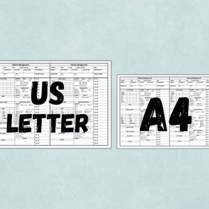 May include: Two white patient background forms, one labeled "US LETTER" and the other "A4". The forms have detailed sections for recording patient information, including vital signs, procedures, and notes. The forms are on a light blue background.