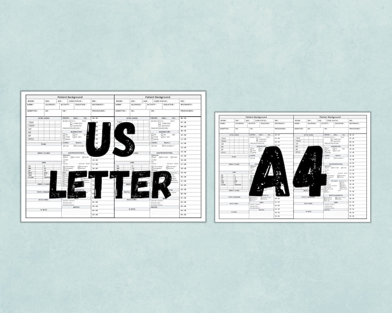 May include: Two white patient background forms, one labeled "US LETTER" and the other "A4". The forms have detailed sections for recording patient information, including vital signs, procedures, and notes. The forms are on a light blue background.